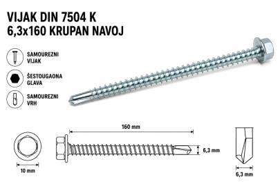VIJAK DIN 7504 K 6,3x160 KRUPAN NAVOJ